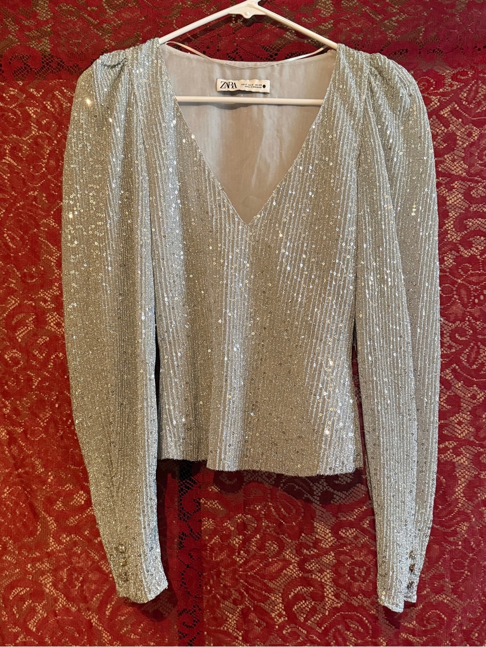 ZARA Silver Sequin Puff Sleeve Top - V-Neck Metallic Sparkle Party Blouse (S)